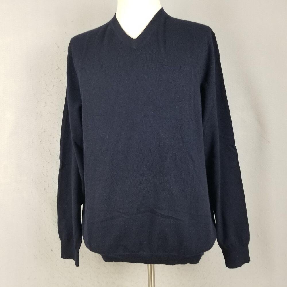 Davis & Squire Sweater Mens XL Navy Blue Extra Fine Merino Wool Pullover V Neck‎